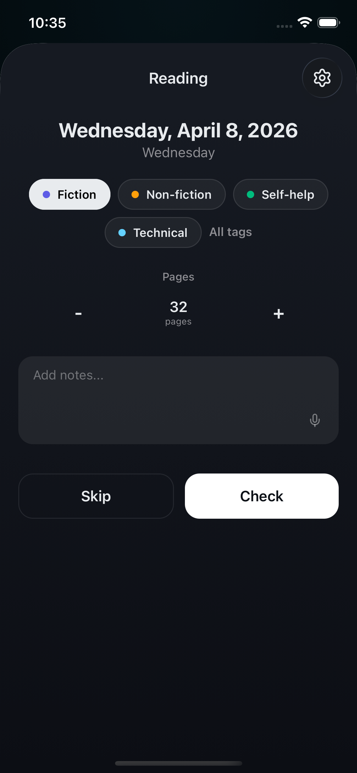 Daily check-in entry with tags and notes