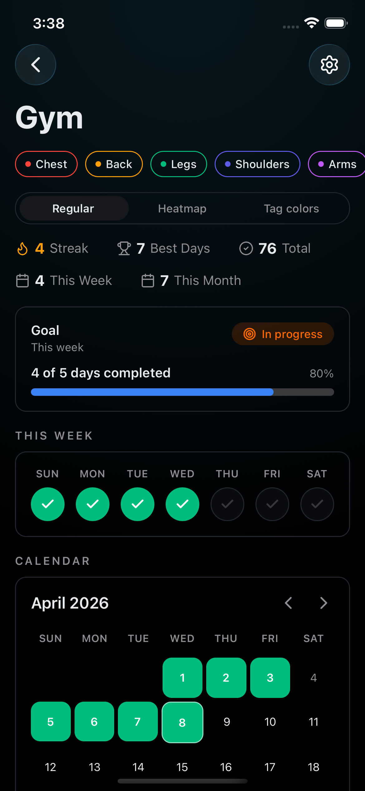 Gym tracker with calendar and stats